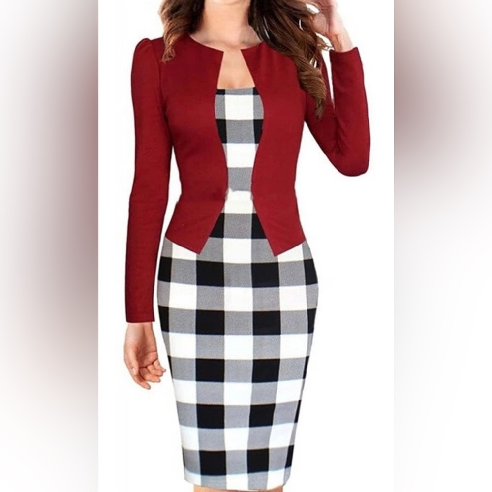 Oxiuli Red Patterned Business Casual Work One-Piece Bodycon Dress - S